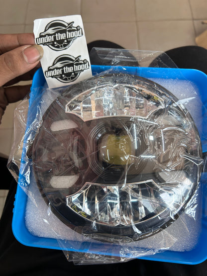 LIU HJG 7 Inch Round LED Headlight with Amber/White DRL + Turn Indicator – Royal Enfield / Himalayan / Classic / Bullet & Thar – 12V–80V – H4 Plug