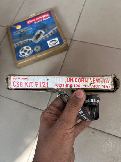 Rolon CSB Kit F121 – Chain & Sprocket Kit for Honda Unicorn 150 (New Alloy Wheel, 15T/43T, R428HCS 126L Sealed Chain)