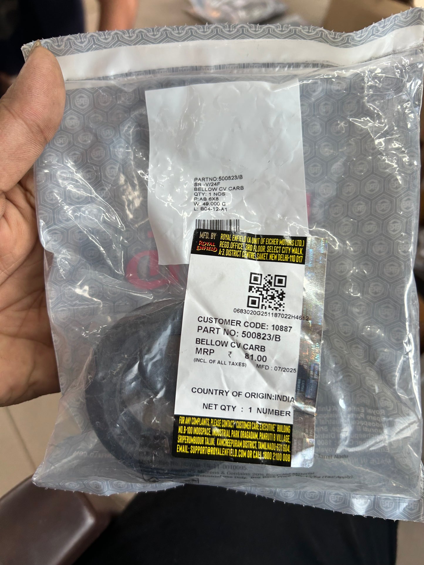 Royal Enfield 500823/B Carburettor Bellow CV – OEM Rubber Sleeve for Bullet 350 UCE & Electra 350 UCE