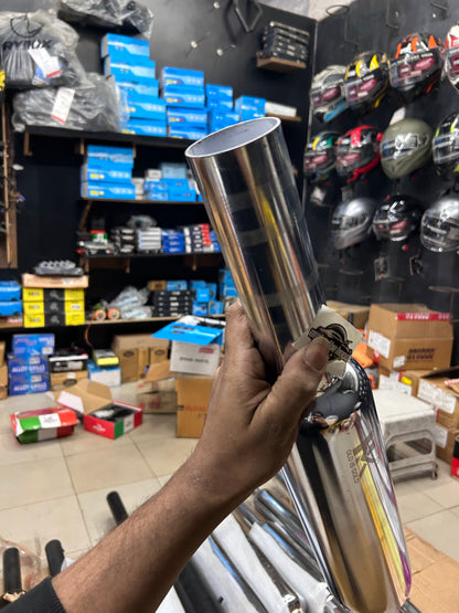 HK Mini/Short Punjab Silencer (Big Mouth, Chrome) for Royal Enfield Classic 350 Reborn (J-Series) & New Bullet 350 2023+ (Battalion Black) – HK