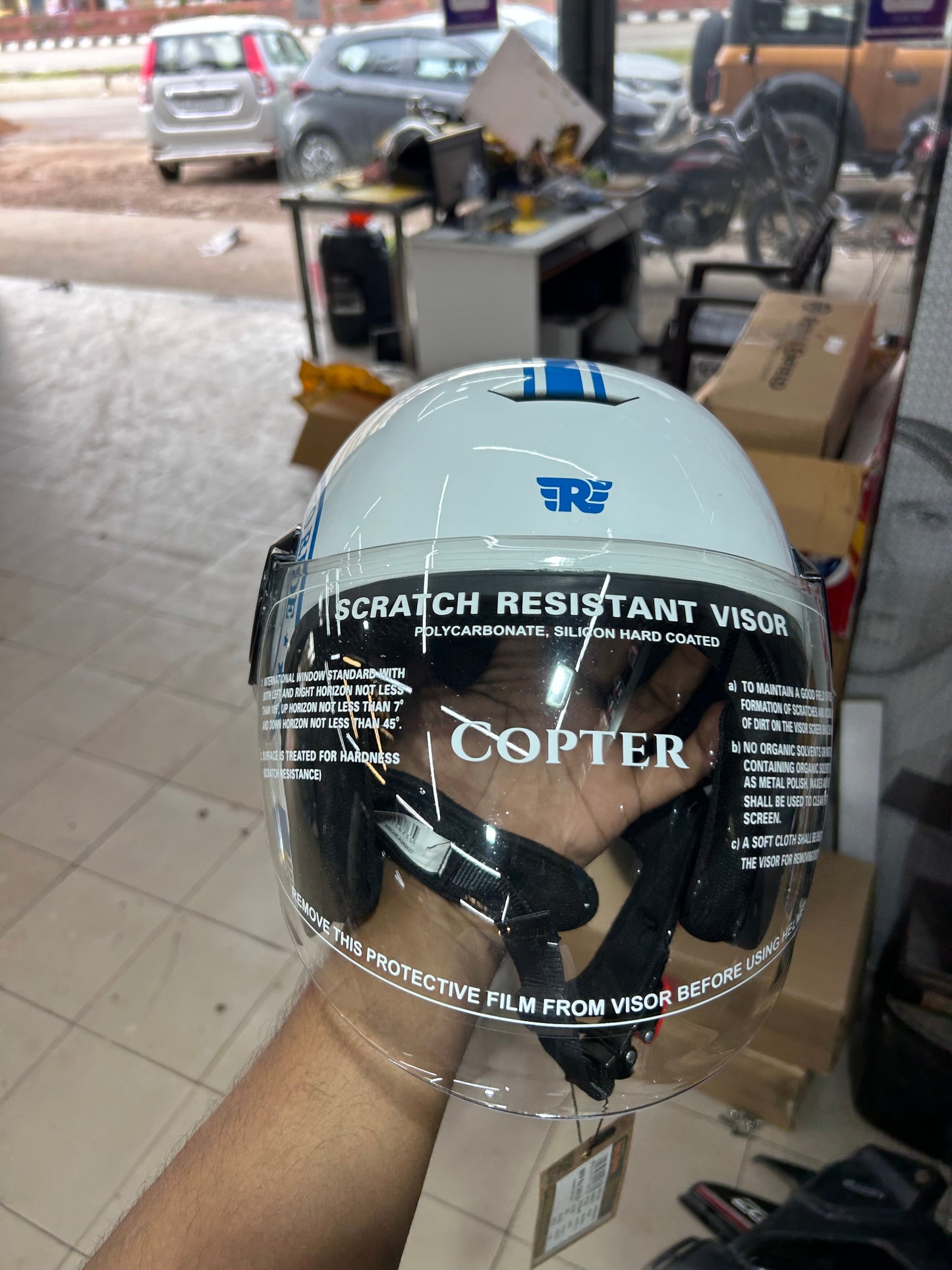 Royal Enfield Copter Helmet SBH-65 – White & Blue | LTR Edition | DOT & ISI Certified