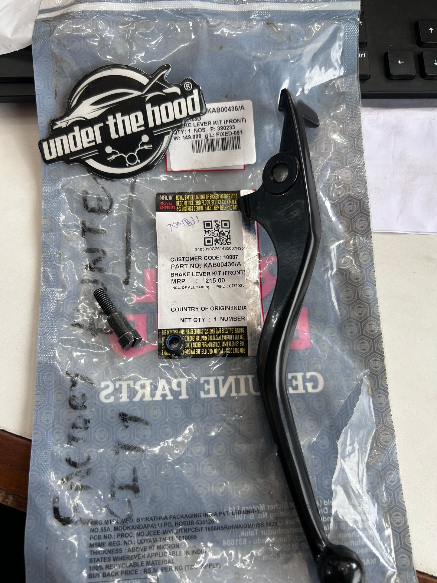 Royal Enfield KAB00436/A – OEM Front Brake Lever Kit for Hunter 350 BS6 (Factory & City Variants)