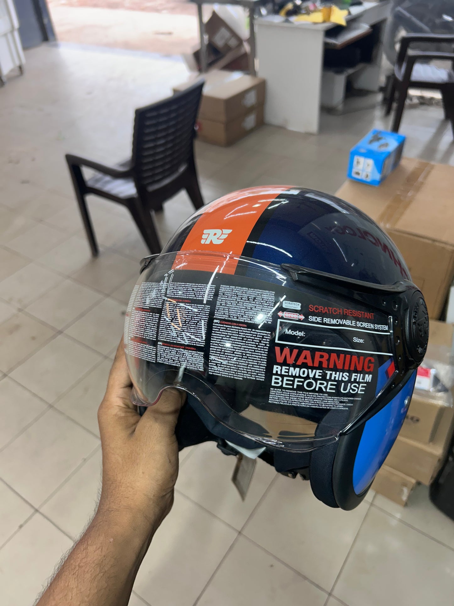 Royal Enfield Jet Open Face Helmet – EXPLORE Orange Blue Design – XL (62 cm) – ISI & DOT Certified
