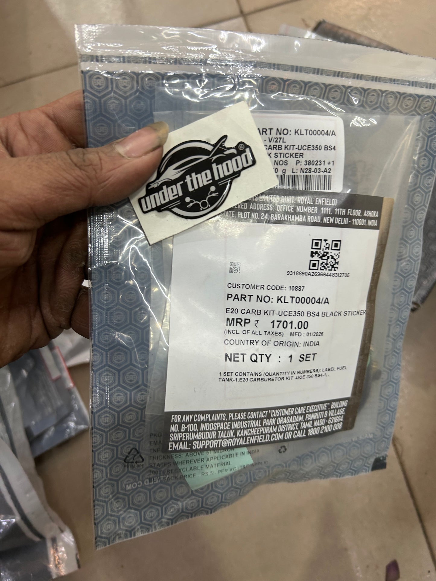 Buy Royal Enfield KLT00004/A E20 carb upgrade kit for UCE 350 BS4 carb bikes. Prevent hard start/poor idle. Verify by VIN + carb photo.