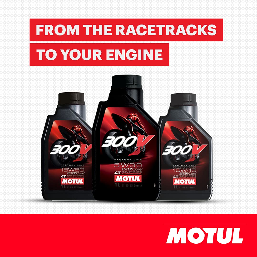 Buy genuine Motul 300V 4T 1L in 10W-40 or 15W-50. Ester Core, JASO MA2 wet clutch safe