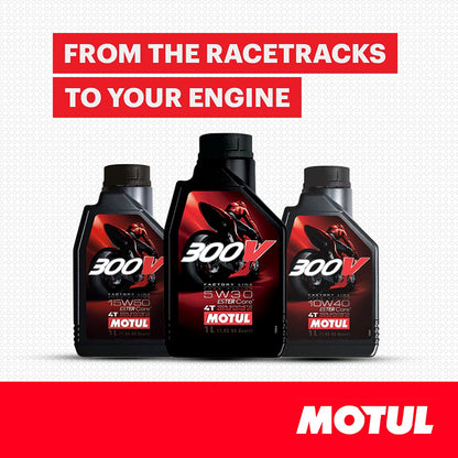 Buy genuine Motul 300V 4T 1L in 10W-40 or 15W-50. Ester Core, JASO MA2 wet clutch safe