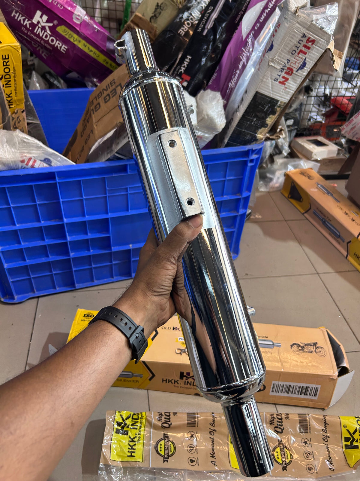 HKK Indore Stock-Style Replica Silent Silencer – Royal Enfield Classic 350 Reborn J-Series | Chrome / Black