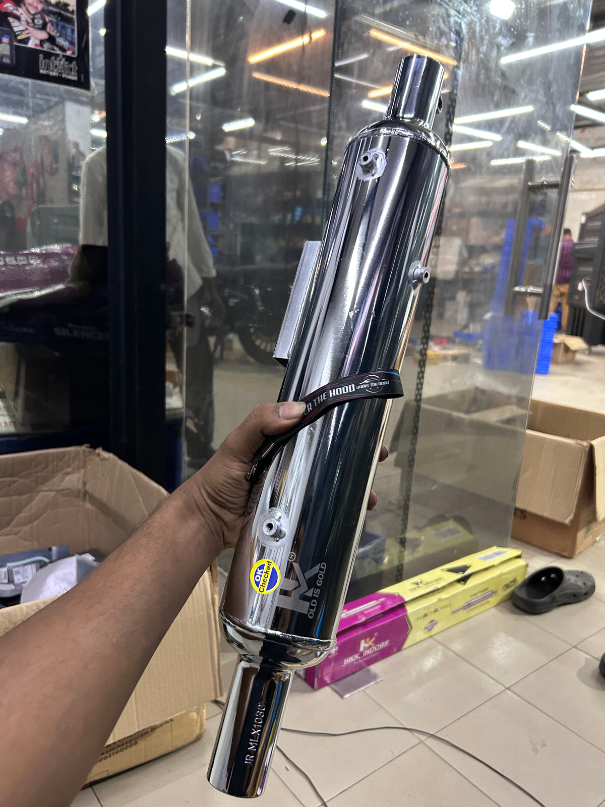 HKK Indore Stock-Style Replica Silent Silencer – Royal Enfield Classic 350 Reborn J-Series | Chrome / Black