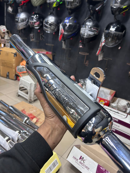 HK Indori Silencer With Heat Plate (Big Mouth, 3-Baffle) – Black/Chrome Options | For Royal Enfield Classic 350 Reborn (J-Series) & New Bullet 350 2023+ (Battalion Black)