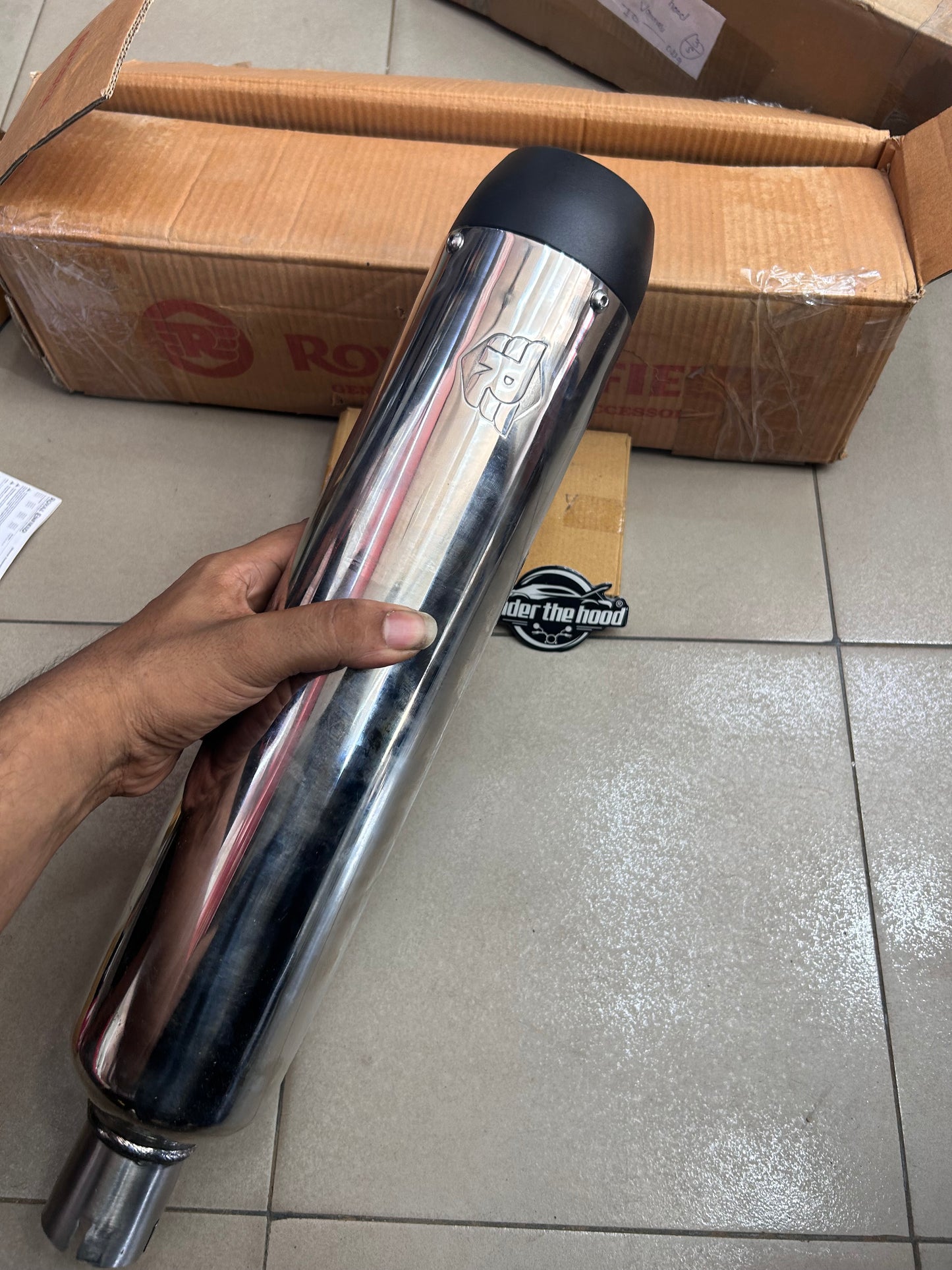 Royal Enfield 1990719 Silver & Black Tapered Silencer-IN — OEM Exhaust for Classic UCE