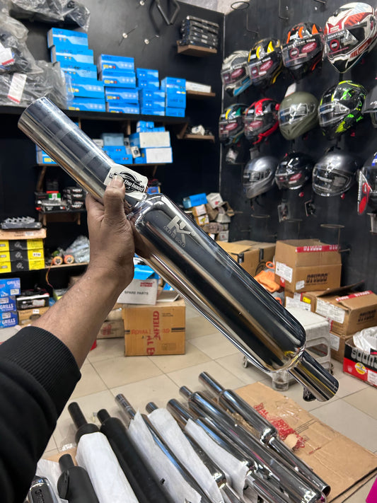 HK Mini/Short Punjab Silencer (Big Mouth, Chrome) for Royal Enfield Classic 350 Reborn (J-Series) & New Bullet 350 2023+ (Battalion Black) – HK