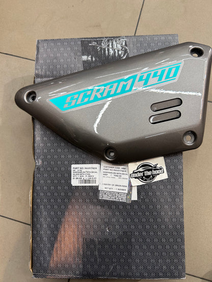 Royal Enfield RAV01742/A - Side Panel RH with Decal - SILVER WITH CYAN for Scram 440 - OEM