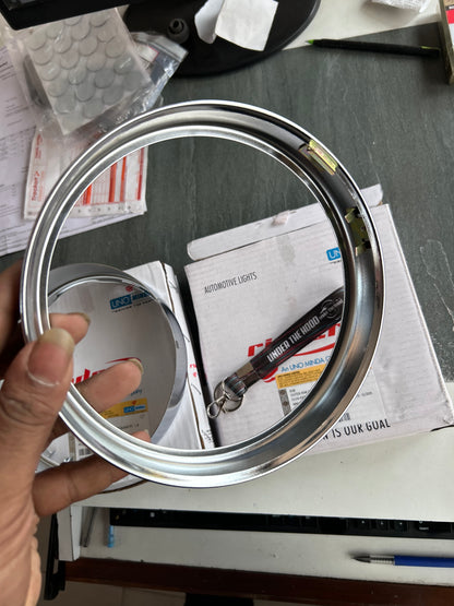 Chrome headlight rim set for Royal Enfield UCE: Inner 5114N-603I + Outer 5114-603O. Fix loose/rattling headlamp on Bullet/Electra.