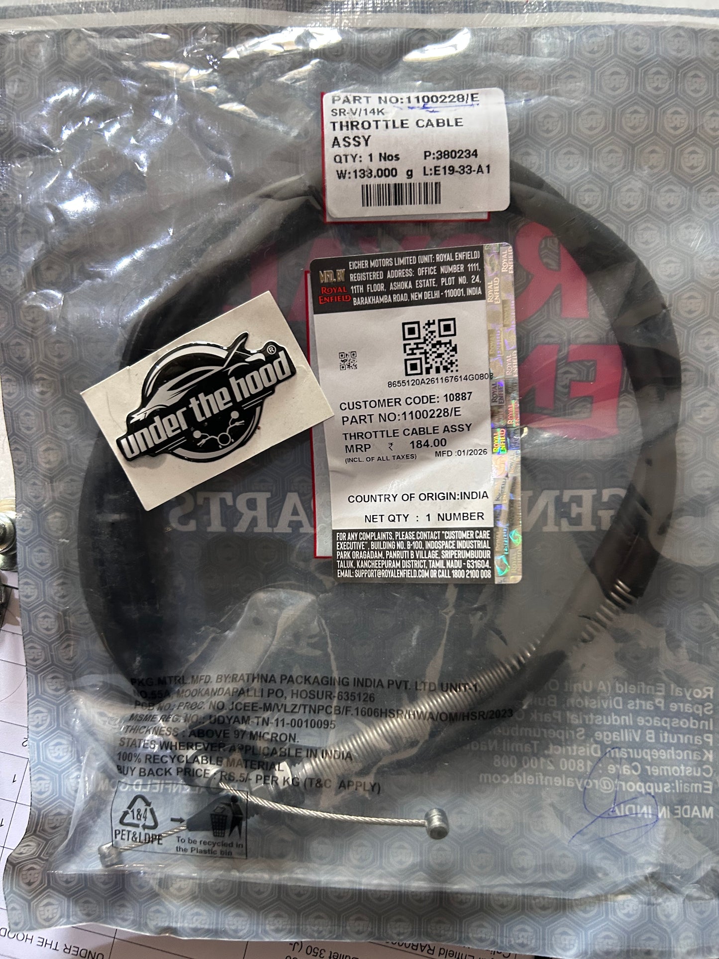 Genuine Throttle Cable Assembly for Royal Enfield Classic 350 Reborn (BS6) | 1100228/E