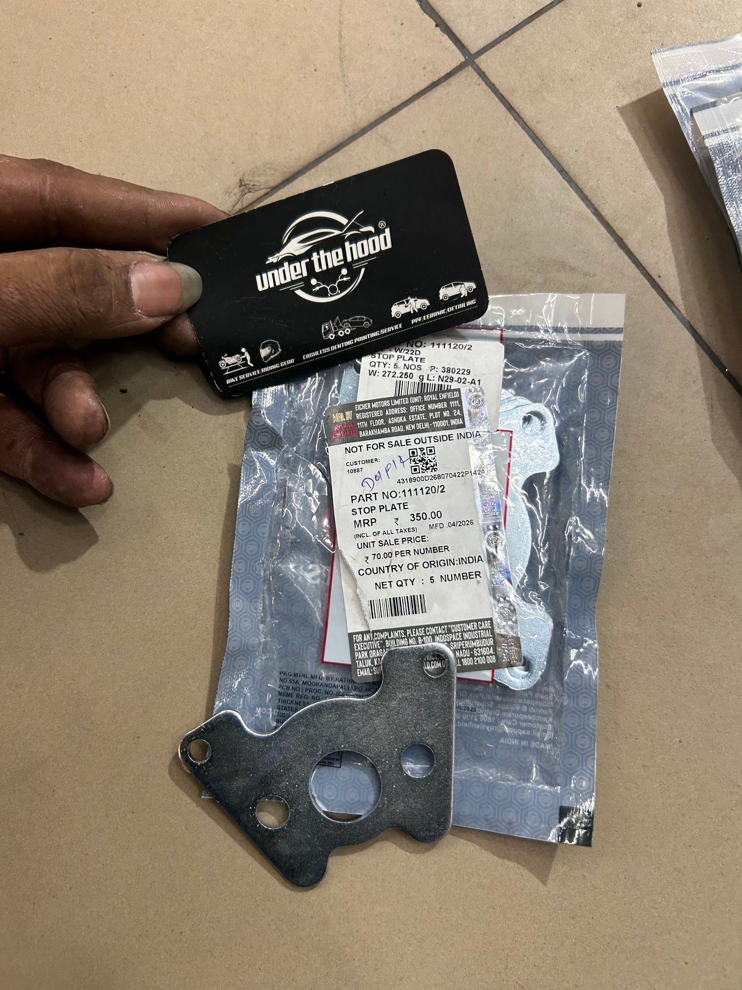 Stop Plate, Foot Control for Royal Enfield Bullet 350/500, Electra 4S, Lightning 535 (4-Speed Retired Models) | 111120/2 | Genuine OEM