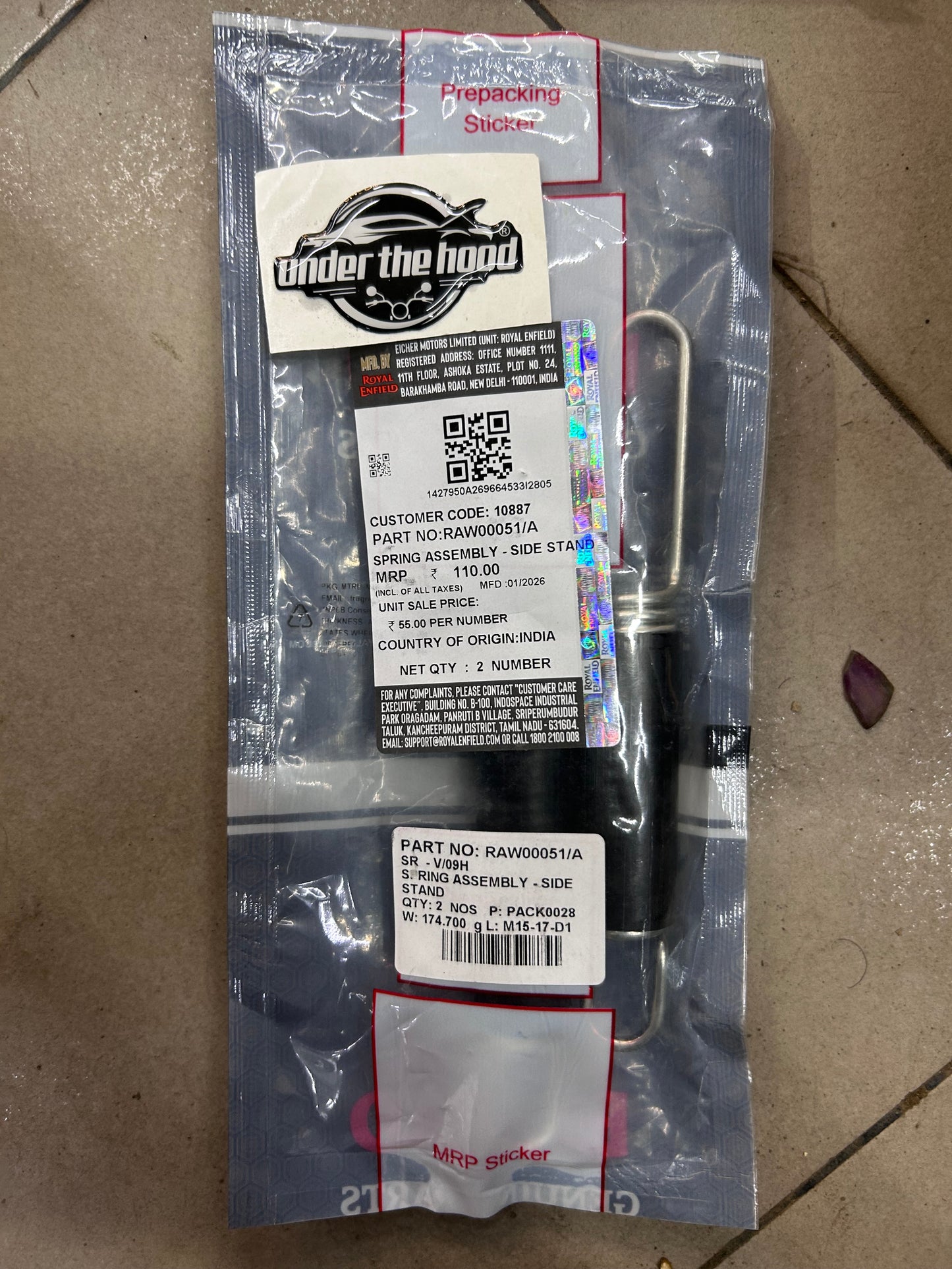 Royal Enfield RAW00051/A Side Stand Spring Assembly – OEM Kickstand Return Spring for 650 Twins (Interceptor & Continental GT)