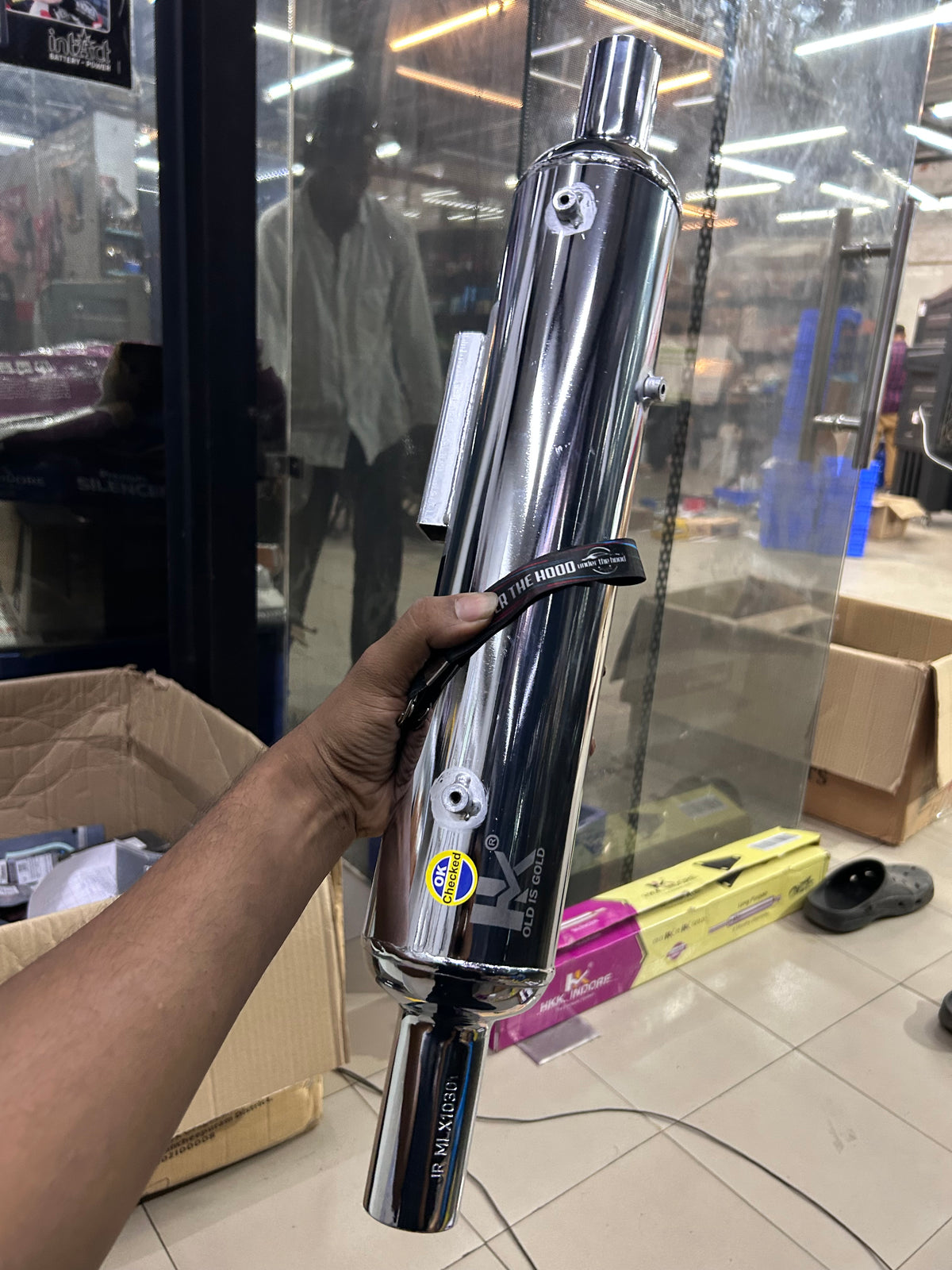 HKK Indore Stock-Style Replica Silent Silencer – Royal Enfield Classic 350 Reborn J-Series | Chrome / Black