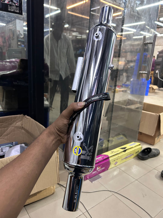 HKK Indore Stock-Style Replica Silent Silencer – Royal Enfield Classic 350 Reborn J-Series | Chrome / Black