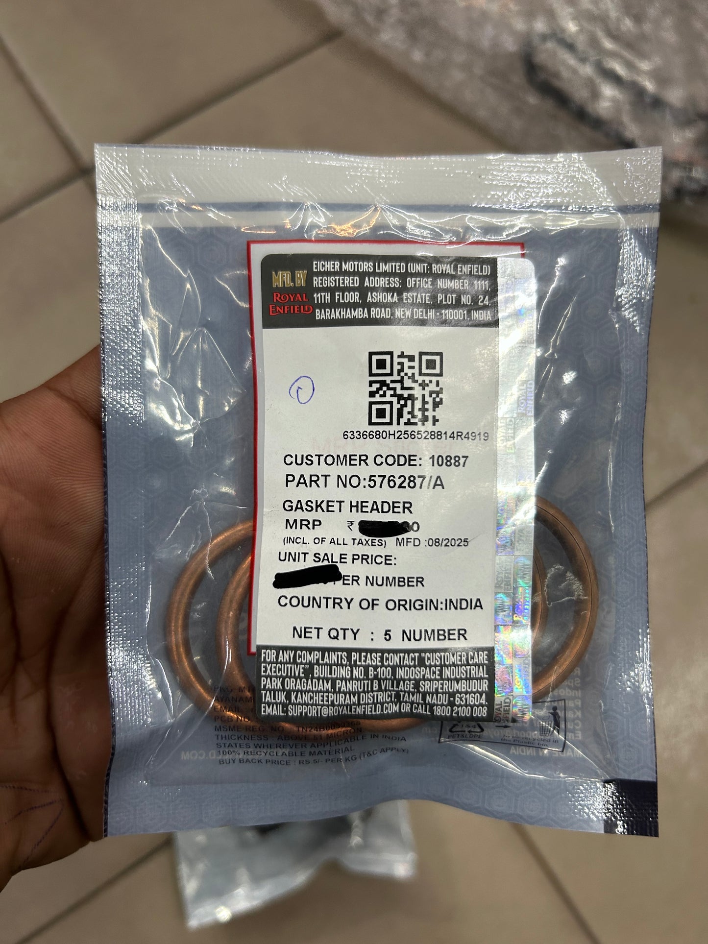 Royal Enfield 576287/A Exhaust Header Gasket – OEM Copper Gasket for Interceptor 650 & Continental GT 650 (Twin Cylinder)