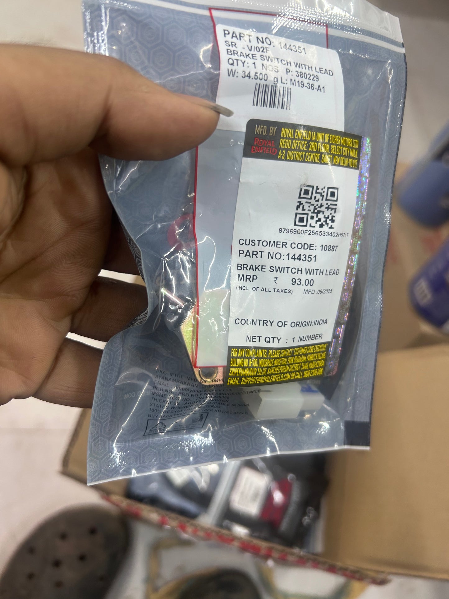 Royal Enfield 144351 Rear Brake Light Switch with Lead – OEM for Bullet & Electra Classic (Pre-UCE)