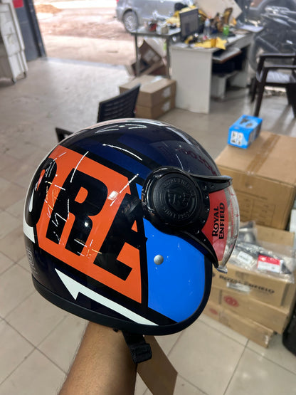 Royal Enfield Jet Open Face Helmet – EXPLORE Orange Blue Design – XL (62 cm) – ISI & DOT Certified