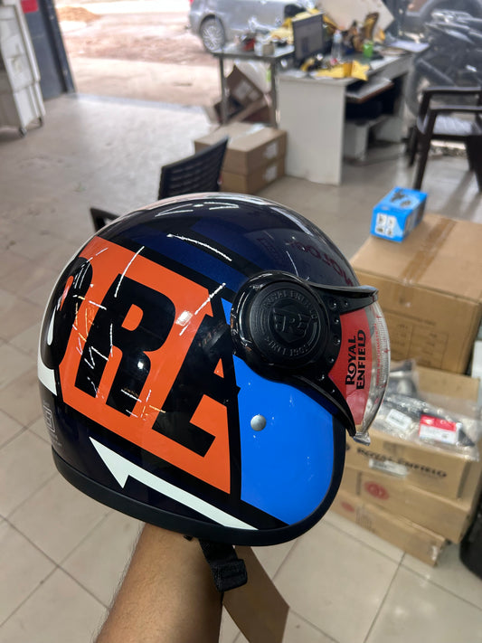 Royal Enfield Jet Open Face Helmet – EXPLORE Orange Blue Design – XL (62 cm) – ISI & DOT Certified