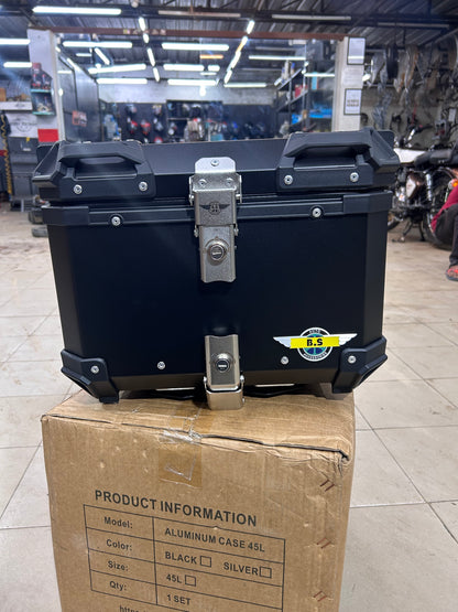 BS Auto 45L Aluminium Top Box – Black & Silver | Waterproof, Secure, Touring Luggage Case