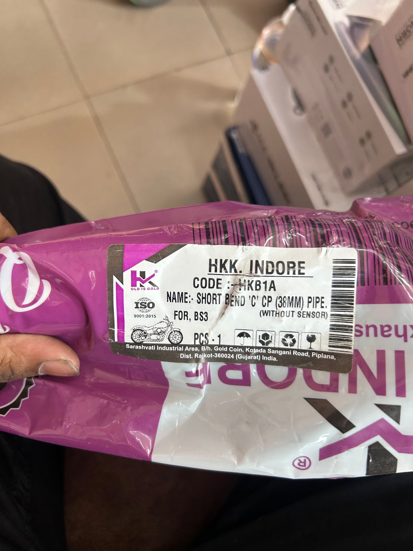HKK Indore “C” Type Bend Pipe (Chrome, 38mm) for Royal Enfield UCE BS3/BS4 – Without O2 Sensor Port – Code HKKB1A