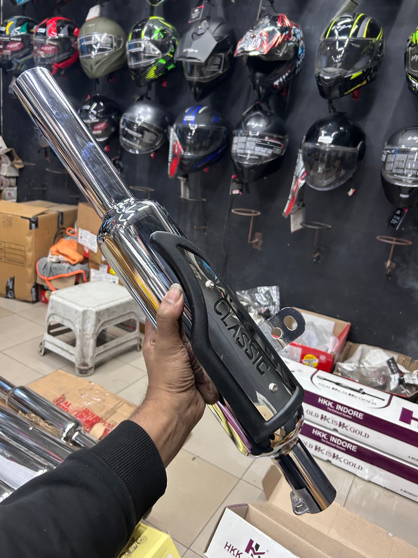 HK Indori Silencer With Heat Plate (Big Mouth, 3-Baffle) – Black/Chrome Options | For Royal Enfield Classic 350 Reborn (J-Series) & New Bullet 350 2023+ (Battalion Black)