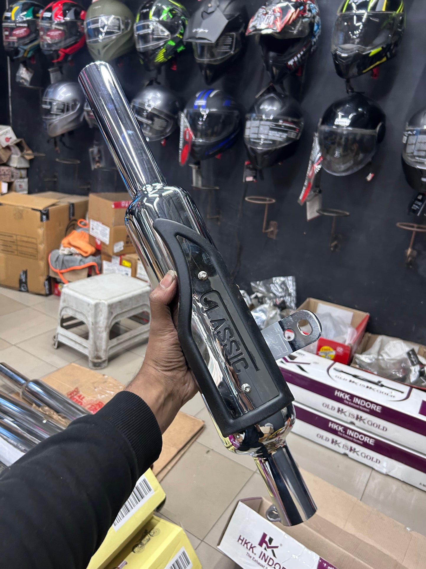 HK Indori Silencer With Heat Plate (Big Mouth, 3-Baffle) – Black/Chrome Options | For Royal Enfield Classic 350 Reborn (J-Series) & New Bullet 350 2023+ (Battalion Black)