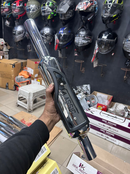 HK Indori Silencer With Heat Plate (Big Mouth, 3-Baffle) – Black/Chrome Options | For Royal Enfield Classic 350 Reborn (J-Series) & New Bullet 350 2023+ (Battalion Black)