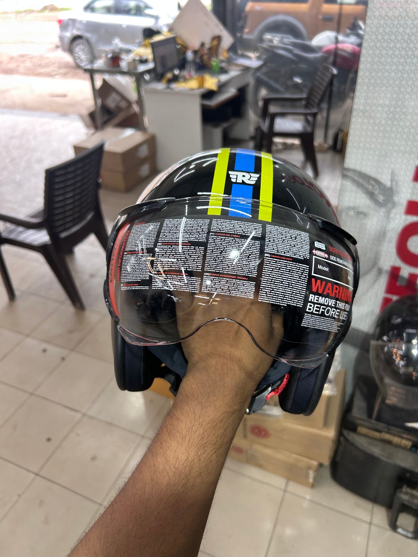 Royal Enfield Jet 1901 Open Face Helmet – Gloss Black with Yellow-Blue 1901 Graphic (Size XL – 62cm)