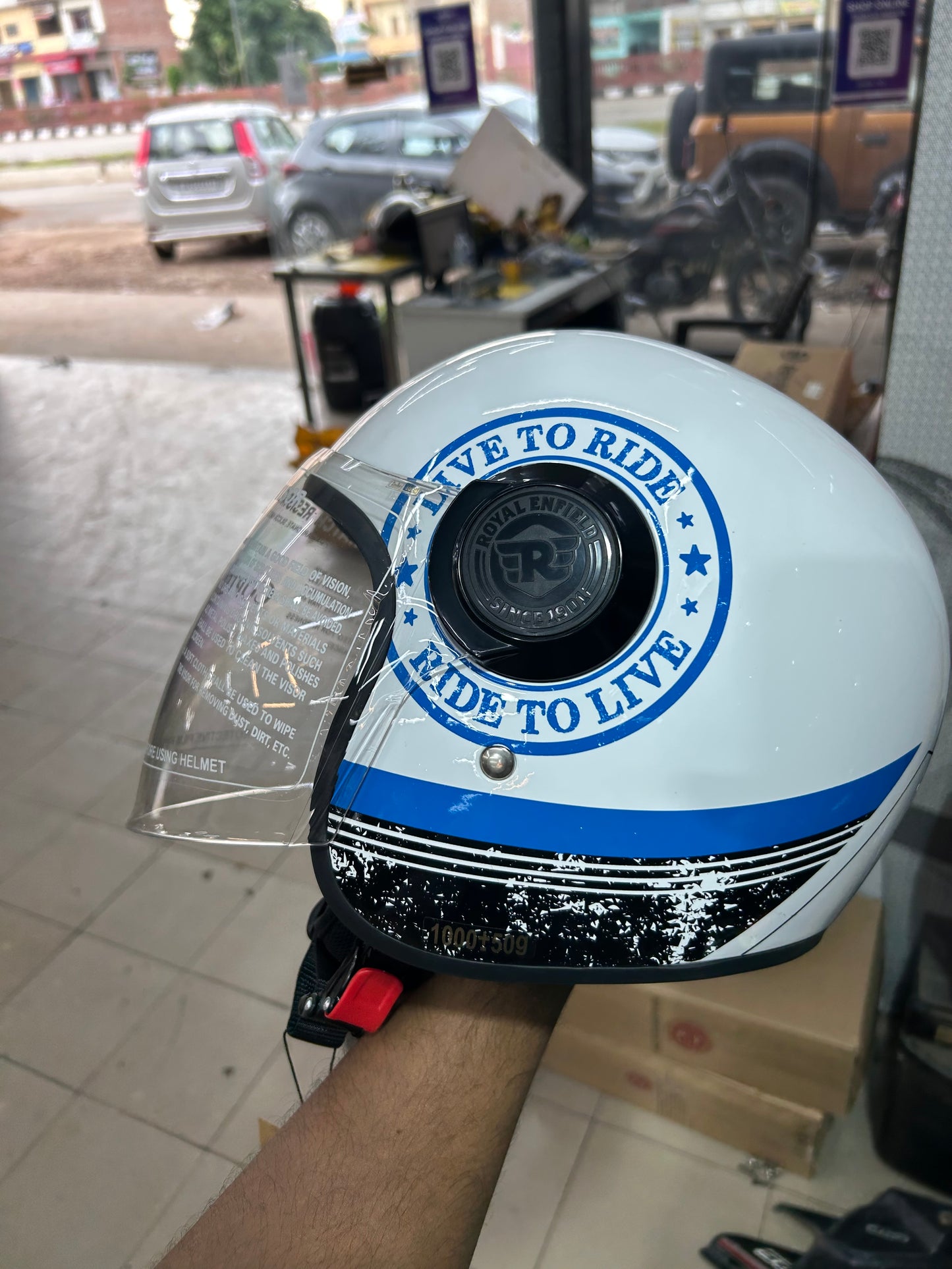 Royal Enfield Copter Helmet SBH-65 – White & Blue | LTR Edition | DOT & ISI Certified