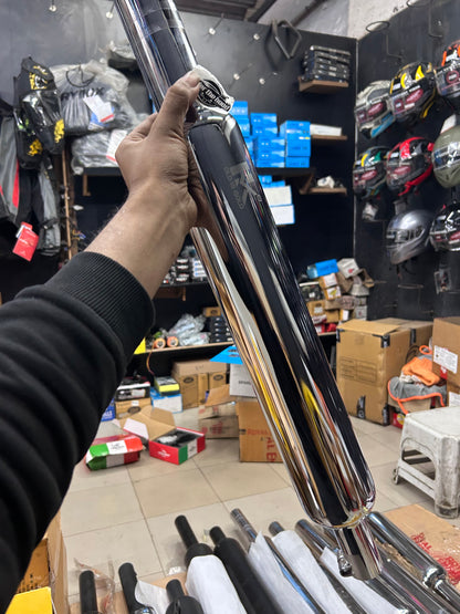 HK Long Punjab Silencer Big Mouth (Chrome) for Royal Enfield Classic 350 Reborn (J-Series) & New Bullet 350 2023+ (Battalion Black)