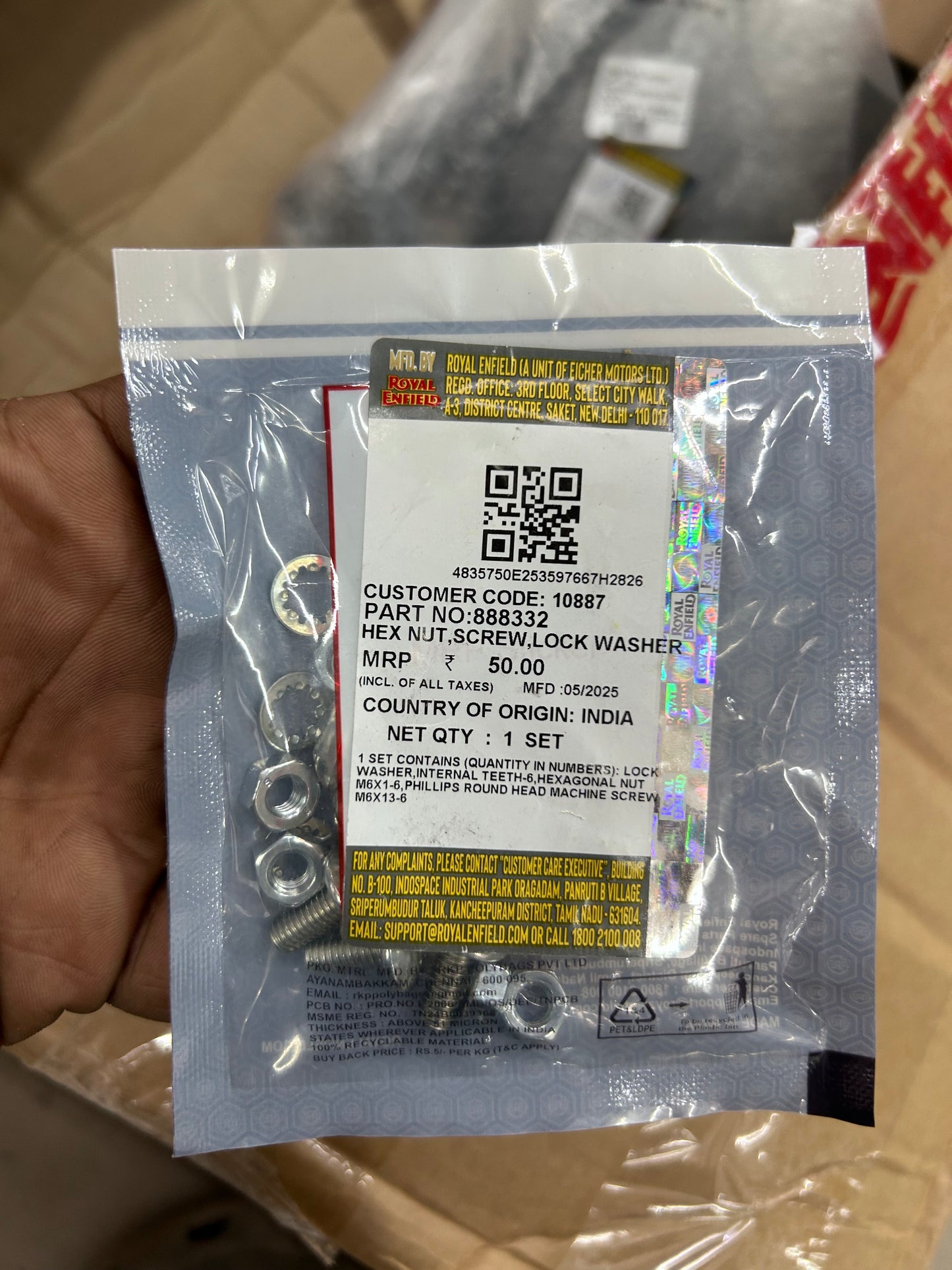 Royal Enfield 888332 hex nut screw lock washer kit for UCE front mudguard