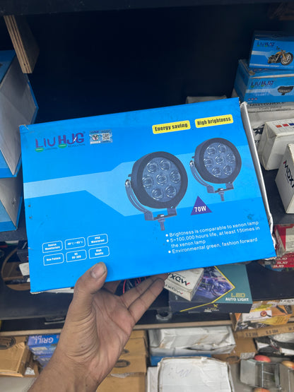 New LIU HJG Mini Drive 70W Yellow fog light kit (pair). DC 9–36V, IP68 waterproof, -40°C to +85°C. Touring-ready aux lights.