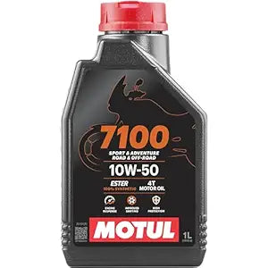 Motul 7100 4T 10W40 / 10W50 / 20W50 synthetic motorcycle oil label with specs