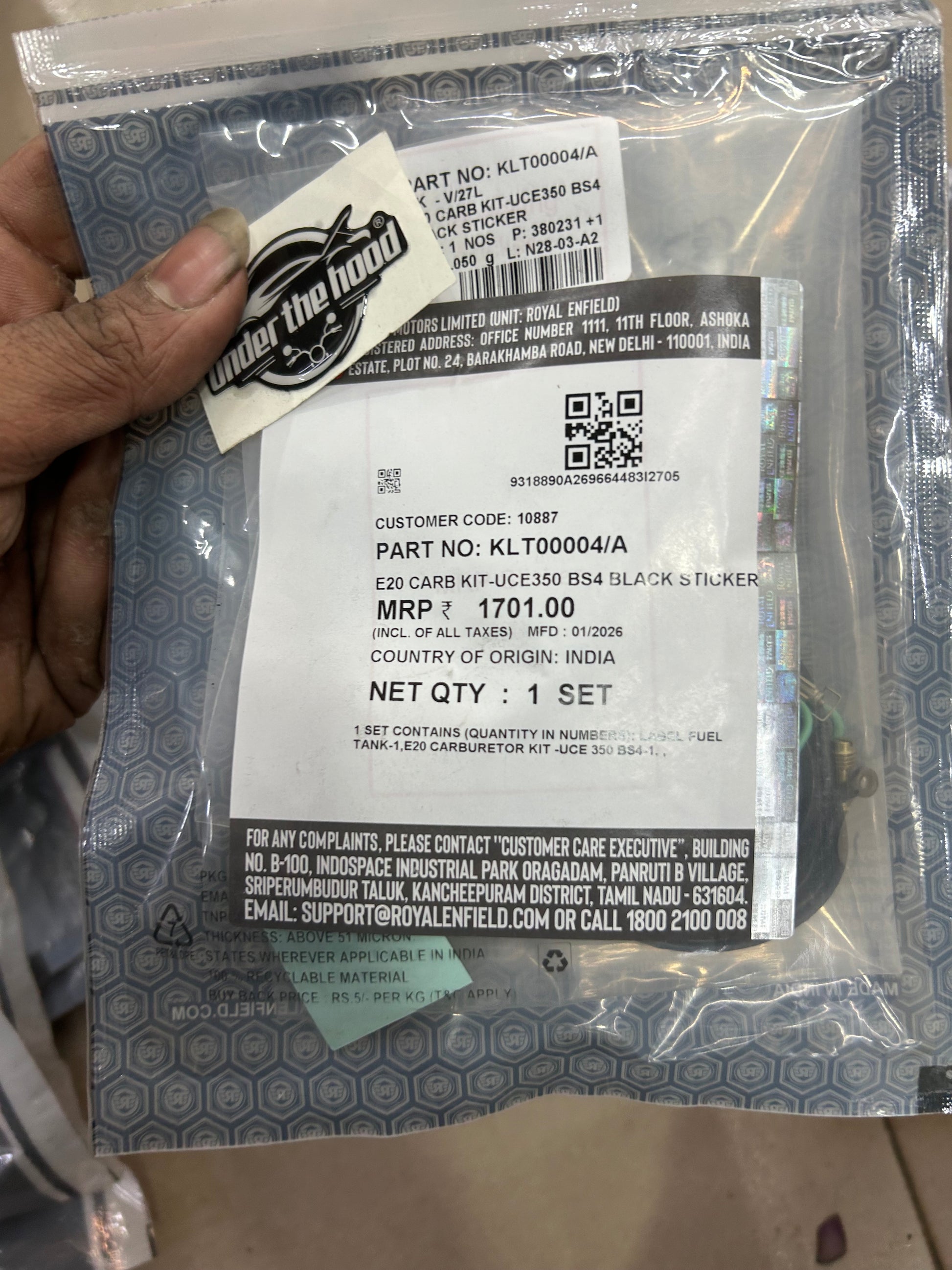 Royal Enfield E20 Carburettor Upgrade Kit for UCE 350 BS4 Carb Bikes (Black Tank Sticker Included) – KLT00004/A