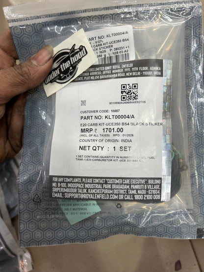Royal Enfield E20 Carburettor Upgrade Kit for UCE 350 BS4 Carb Bikes (Black Tank Sticker Included) – KLT00004/A