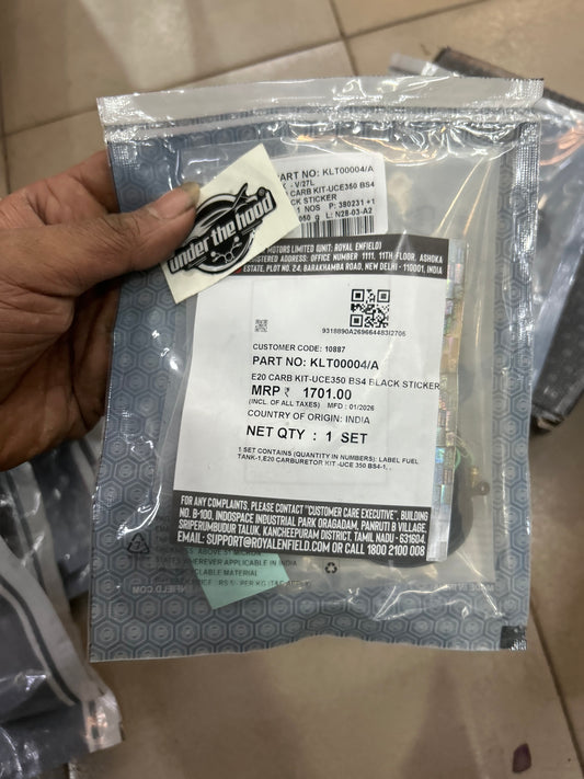 Royal Enfield KLT00004/A E20 carburettor kit for UCE 350 BS4 carb motorcycles (black tank sticker set)