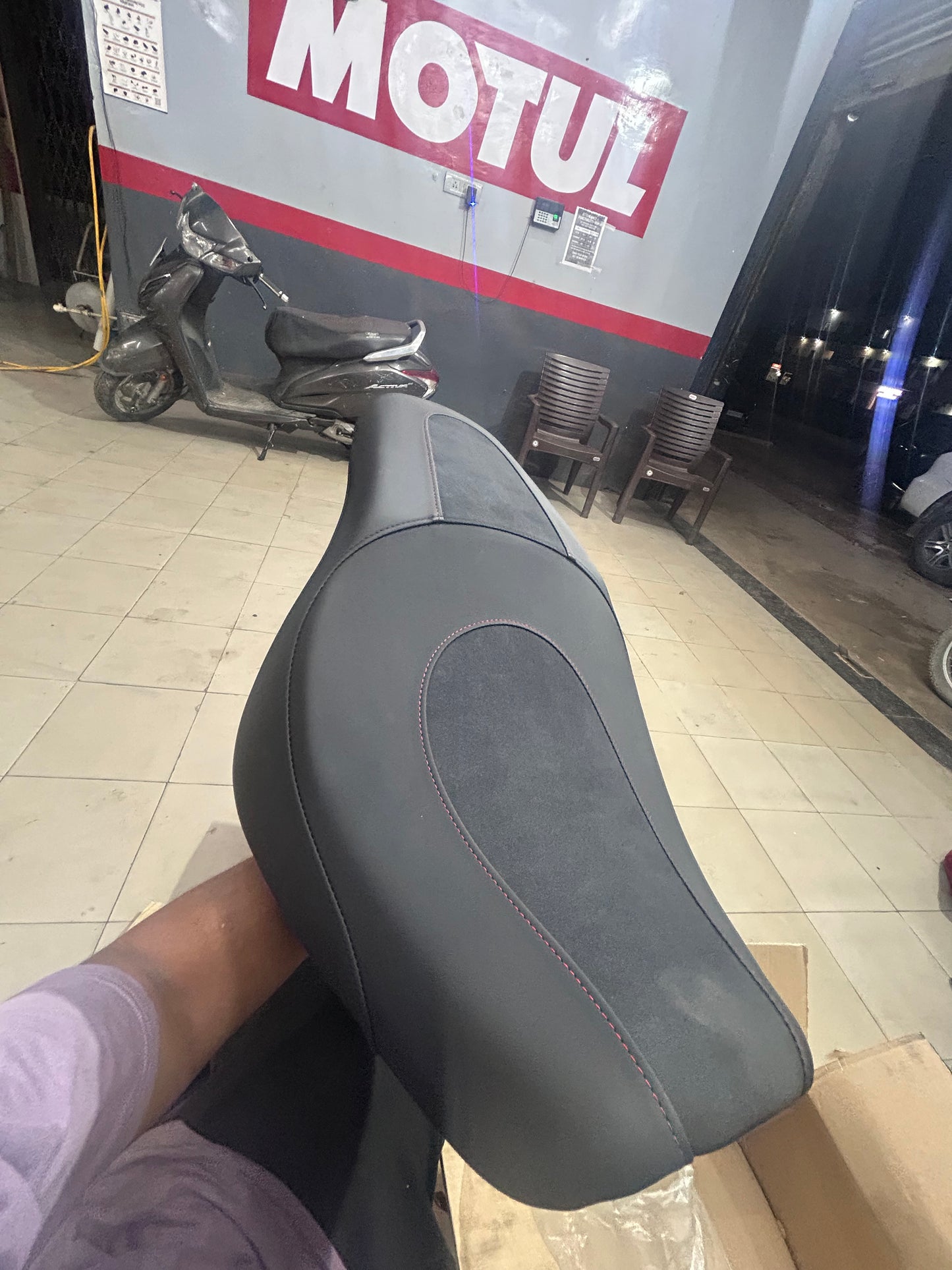 Royal Enfield TBX Seat Red Stitching Close-up - Premium Quality