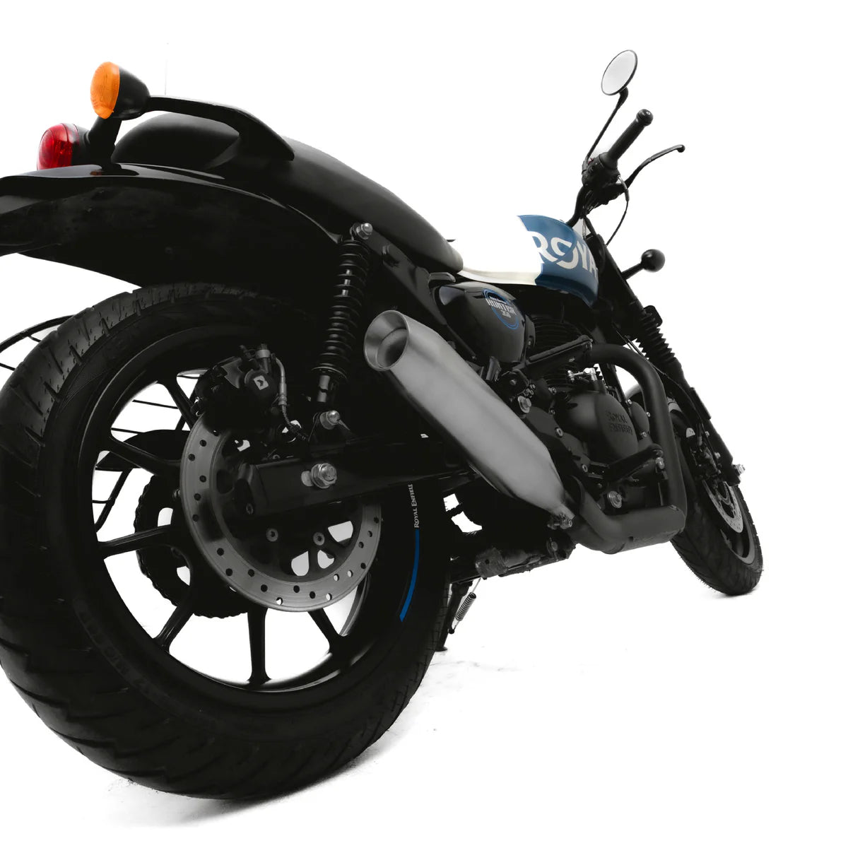 SS304 Red Rooster Rumbler Max Matte exhaust side view on Hunter 350