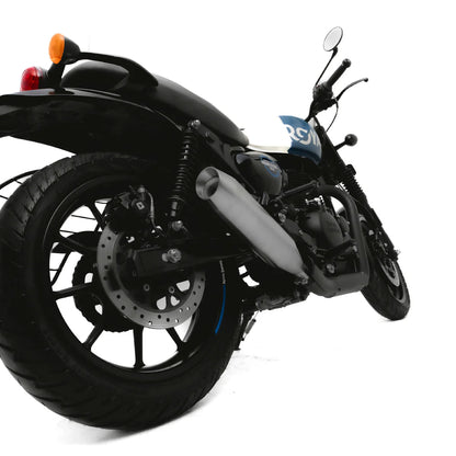 SS304 Red Rooster Rumbler Max Matte exhaust side view on Hunter 350