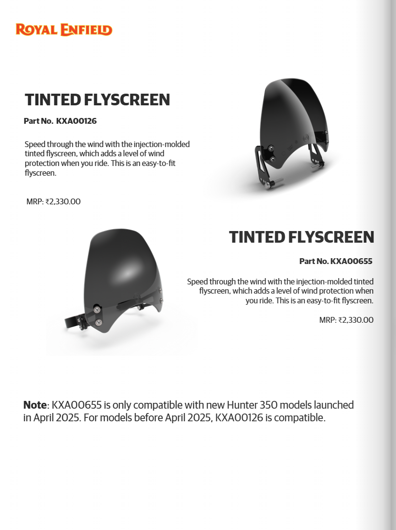 Royal Enfield Tinted Flyscreen KXA00126 — OEM Windshield for Hunter 350(Old Hunter)
