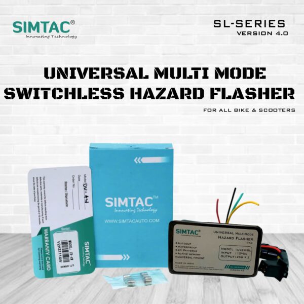Simtac universal multi mode hazard flasher KTM style UV-4W wiring harness close up