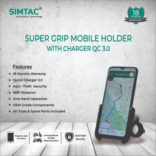 SIMTAC Super Grip Mobile Holder with charger ( QC 3.0) Bikes/ Scooters| MHC3