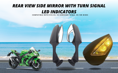 ZX6R MIRROR FOR R15 Rear View Side Mirror With Turn Signal Led Indicators Motorcycle Side Rearview Mirrors Adjustable Compatible With R15-V3, V4 Kawasaki Ninja, Zx-10R Bikes, Pack Of 1