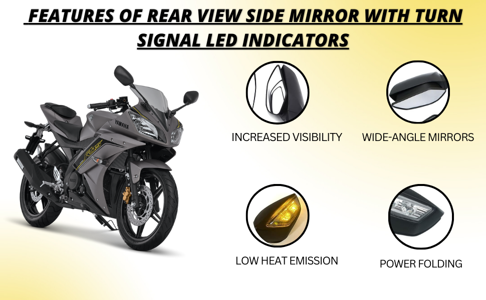 ZX6R MIRROR FOR R15 Rear View Side Mirror With Turn Signal Led Indicators Motorcycle Side Rearview Mirrors Adjustable Compatible With R15-V3, V4 Kawasaki Ninja, Zx-10R Bikes, Pack Of 1