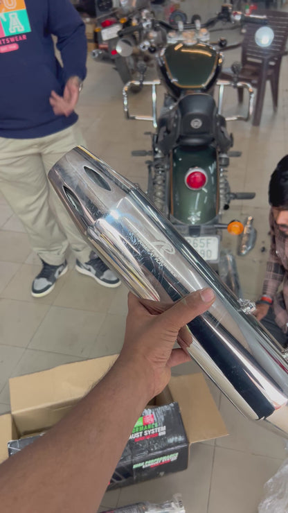 Red Rooster Astral Pro Polish Exhaust for Royal Enfield Super Meteor 650 – SS304, DB Killer, Performance Slip-Ons