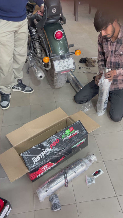 Red Rooster Astral Pro Polish Exhaust for Royal Enfield Super Meteor 650 – SS304, DB Killer, Performance Slip-Ons